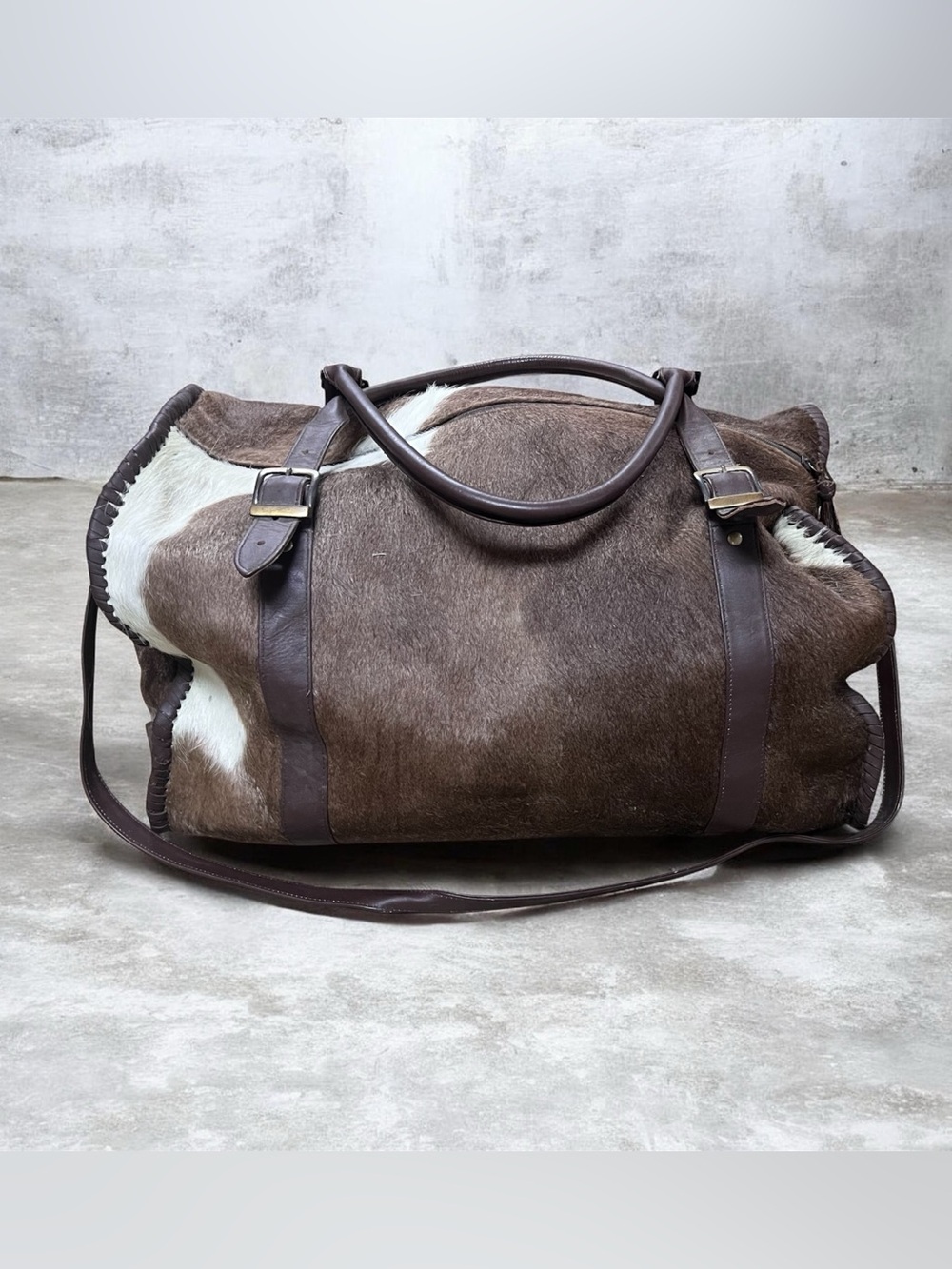 Large Vintage Hair on Hide Leather Travel Bag Western Brindle Cowhide Weekender
